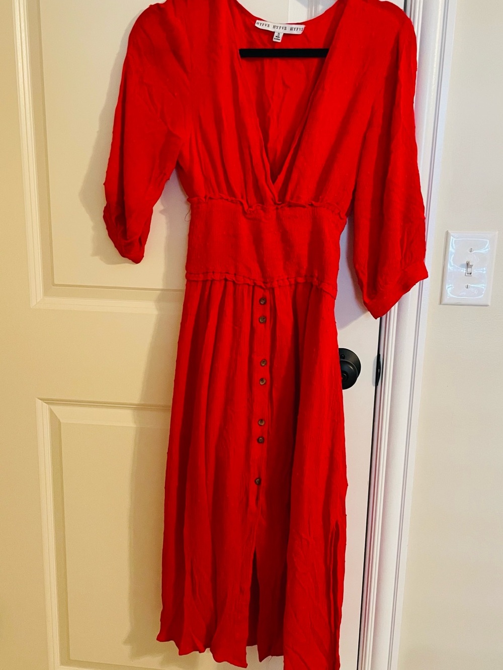 HYFVE Red V-Neck Button-Front Midi Dress